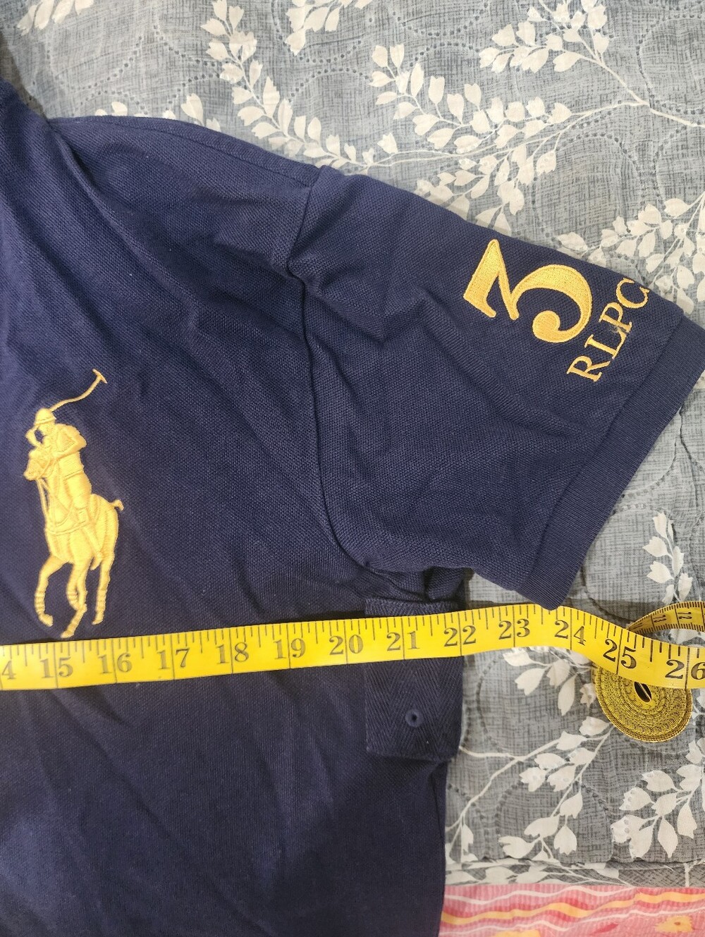 Ralph Lauren Navy Polo with White Diagonal Stripe and Yellow Embroidered Crest - Picture 5 of 7